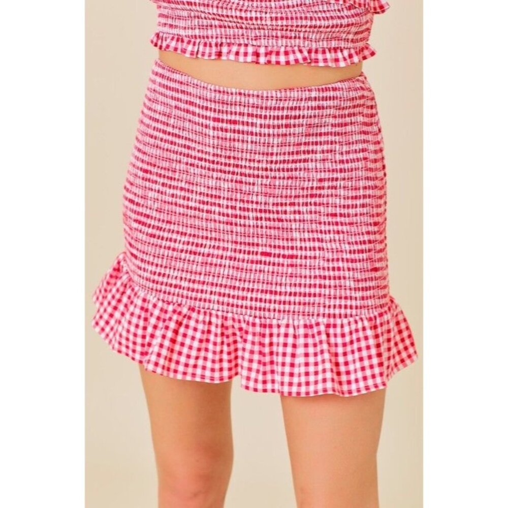 Caren Forbes Red & White Smocked Gingham Ruffle Hem Skirt | Cottagecore Peasant - Picture 8 of 9